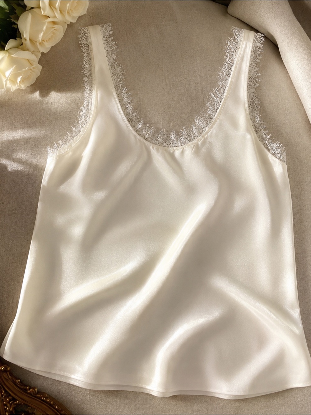 Cami NYC 100% Silk Eyelash Lace Trim Camisole Tank Top Ivory Off White XS